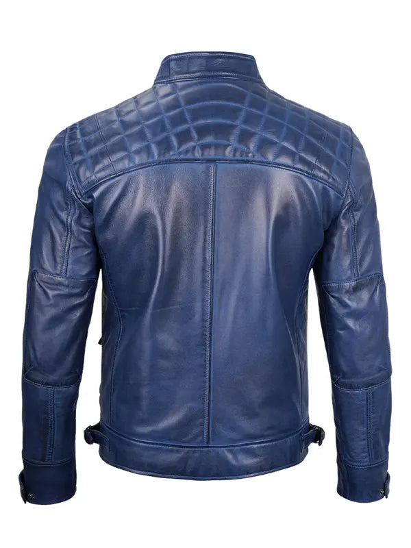 Diamond Quilted Blue Biker Racer Leather Jacket