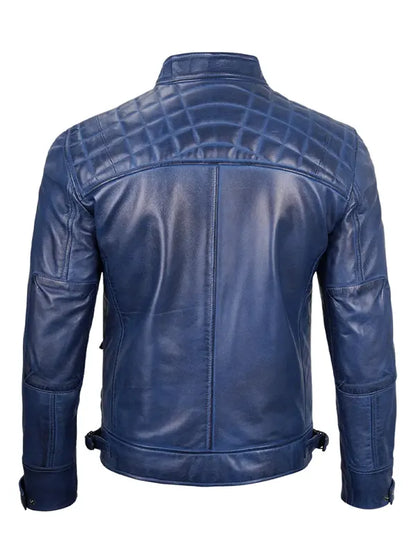 Diamond Quilted Blue Biker Racer Leather Jacket