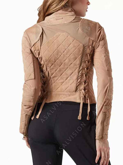 Diamond Quilted Suede Leather Light Brown Jacket