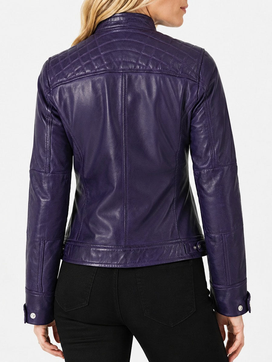 Diamond Quilted Purple Biker Leather Jacket