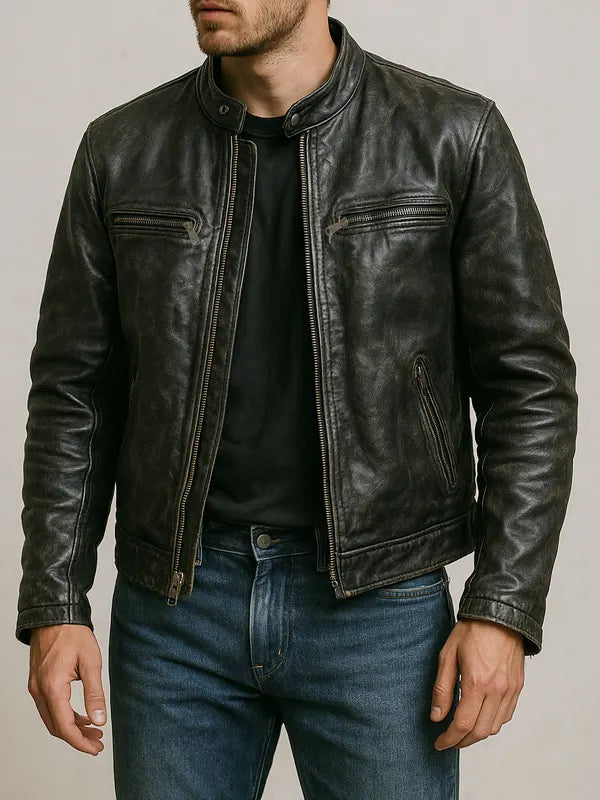 Distressed Black Cafe Racer Leather Jacket For Men