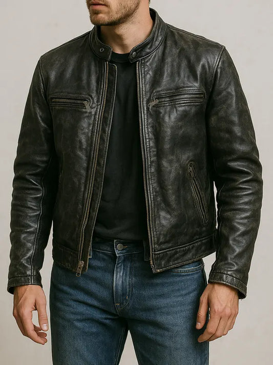 Distressed Black Cafe Racer Leather Jacket For Men