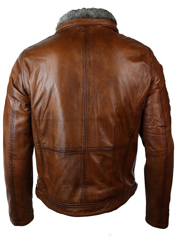Distressed Leather Biker Fur Collar Jacket For Men's