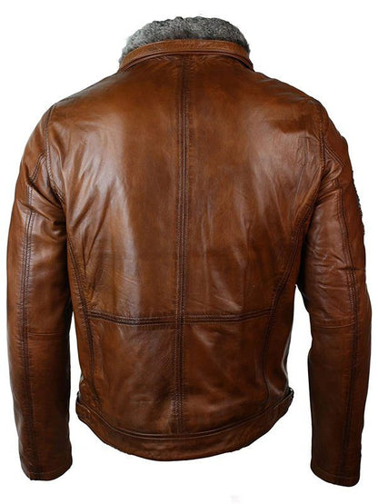 Distressed Leather Biker Fur Collar Jacket For Men's