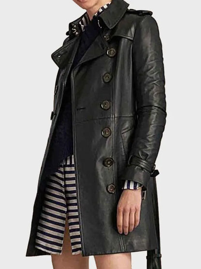 Double Breasted Black Leather Mid-Length Coat For Women