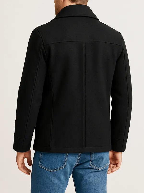 Double Breasted Black Wool Peacoat For Men