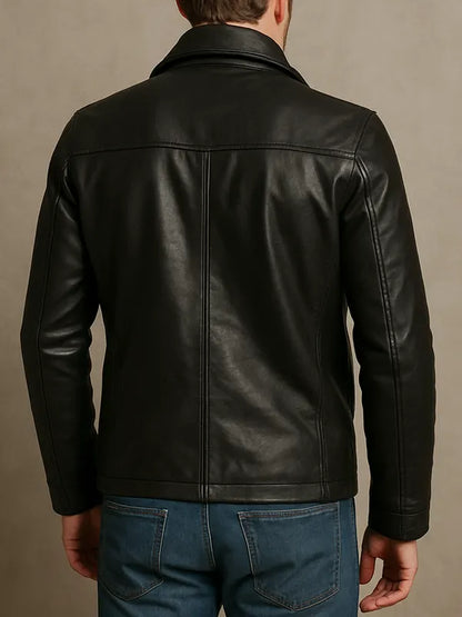 Double Breasted Men's Black Leather Peacoat