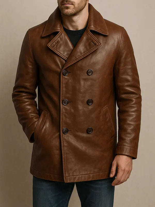 Double Breasted Men's Brown Leather Peacoat