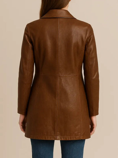 Double Breasted Women's Brown Leather Peacoat