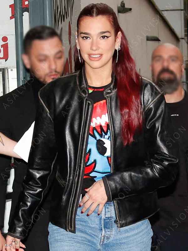 Dua Lipa NRJ Radio Studio Paris 2024 Black Zipper Leather Jacket