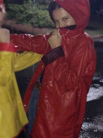 Eleven TV Series Stranger Things Red Leather Coat With Hood