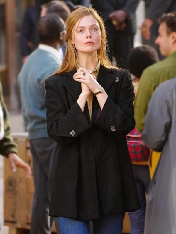 Elle Fanning A Complete Unknown Sylvie Russo Black Wool Coat