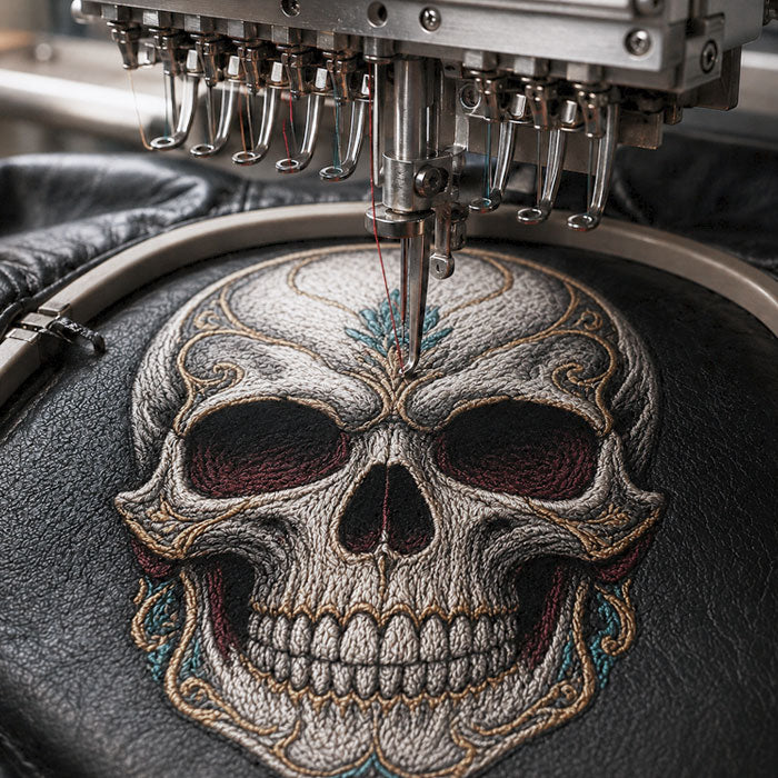 Custom embroidery on a leather jacket