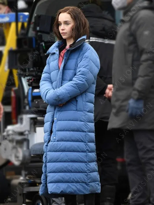 Emilia Clarke Secret Invasion 2023 Blue Puffer Coat
