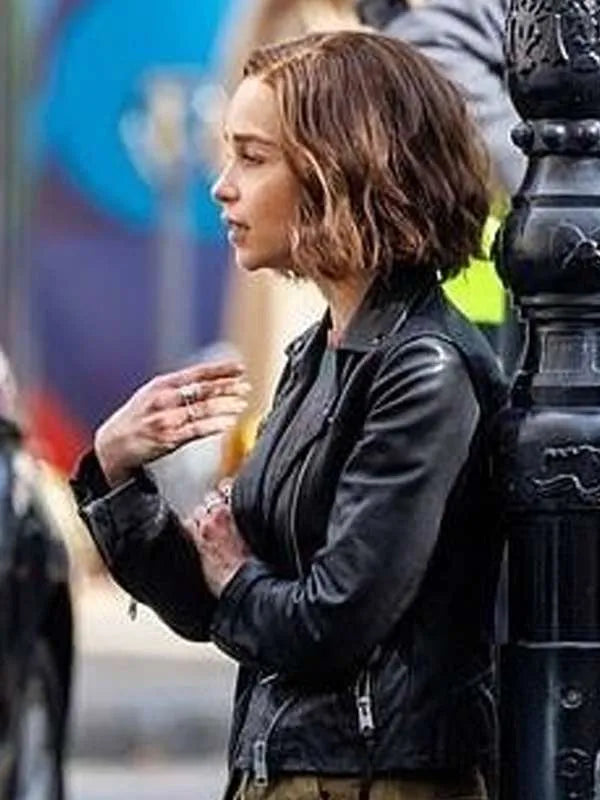 Emilia Clarke Secret Invasion 2023 Giah Black Biker Leather Jacket