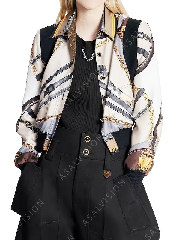 Emily Cooper Emily In Paris Season 3 Chain Belt Printed Bomber Jacket
