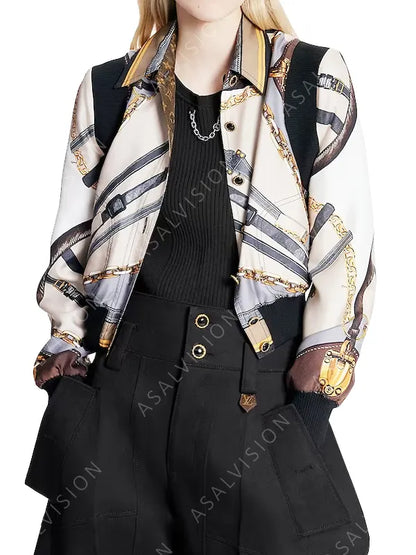Emily Cooper Emily In Paris Season 3 Chain Belt Printed Bomber Jacket