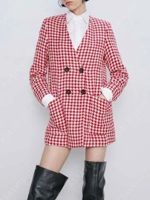 Emily Cooper Emily in Paris Lily Collins Houndstooth Red Coat
