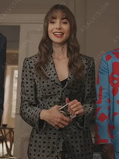 Emily Cooper Emily in Paris S03 Lily Collins Block Printed Black Blazer