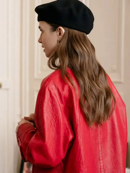 Emily Cooper Emily in Paris S04 Lily Collins Red Leather Trench Coat
