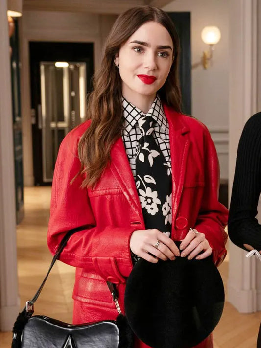 Emily Cooper Red Leather Coat