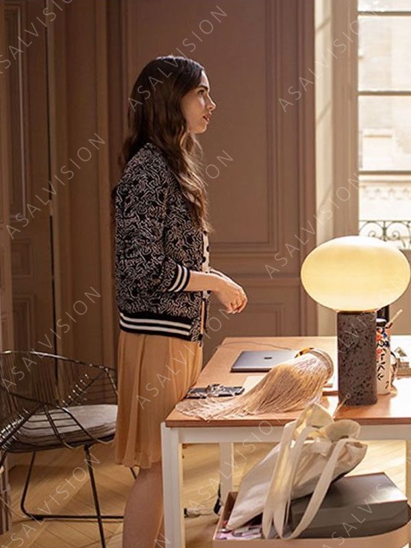 Emily In Paris Lily Collins Black And White Printed Bomber Jacket