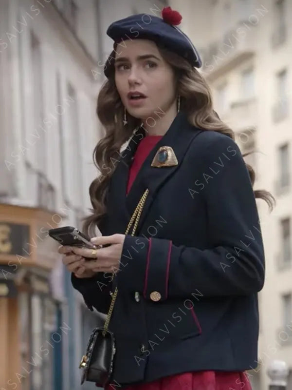 Emily In Paris Lily Collins Wool Blue Coat