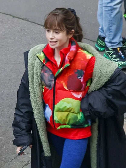Emily In Paris S04 Lily Collins Red Puffer Printed Vest