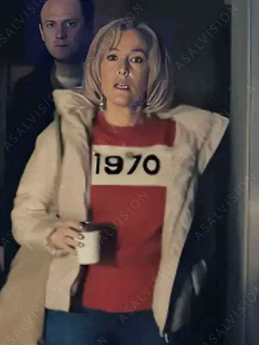 Emily Maitlis Movie Scoop 2024 Gillian Anderson Beige Puffer Jacket