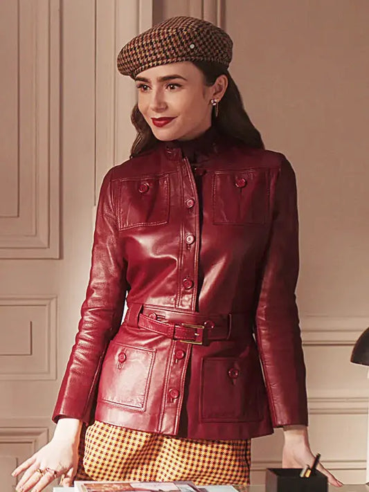Emily in Paris Season 4 Emily Cooper Maroon Leather Jacket