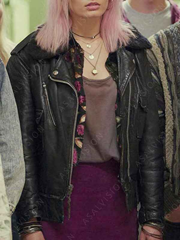 Emma Mackey TV Series Sex Education Maeve Wiley Black Leather Jacket