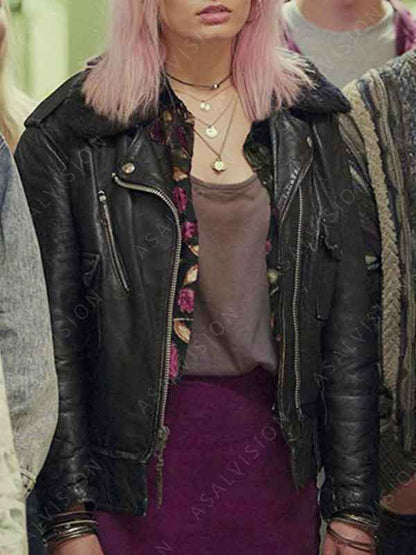 Emma Mackey TV Series Sex Education Maeve Wiley Black Leather Jacket