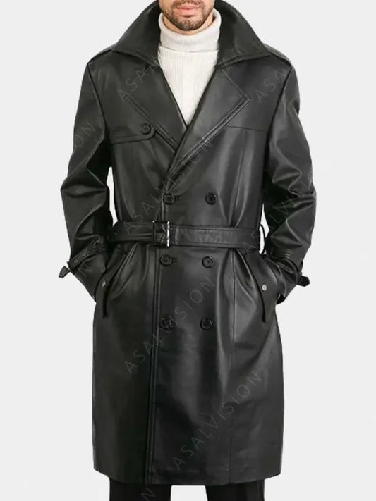 Eugene Black Leather Belted Trench Coat