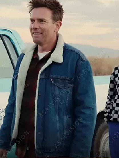 Ewan McGregor Bleeding Love 2024 Father Sherpa Blue Jacket