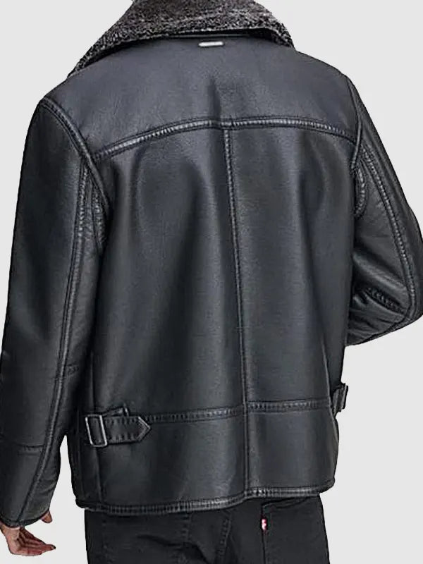 Faux Shearling Collar Black Leather Jacket For Men