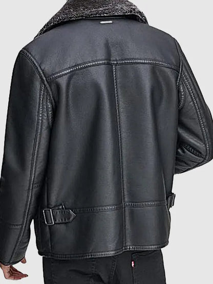 Faux Shearling Collar Black Leather Jacket For Men