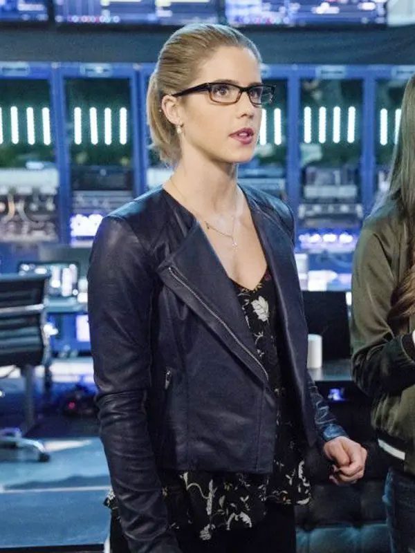 Felicity Smoak Tv Series Arrow Emily Bett Rickards Blue Leather Jacket