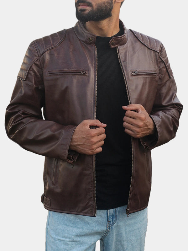 Fenric Men's Dark Brown Leather Motorcycle Jacket – Café Racer Style