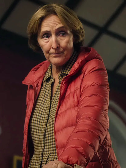 Fiona Shaw Bad Sisters S02 Angelica Collins Red Puffer Jacket With Hood