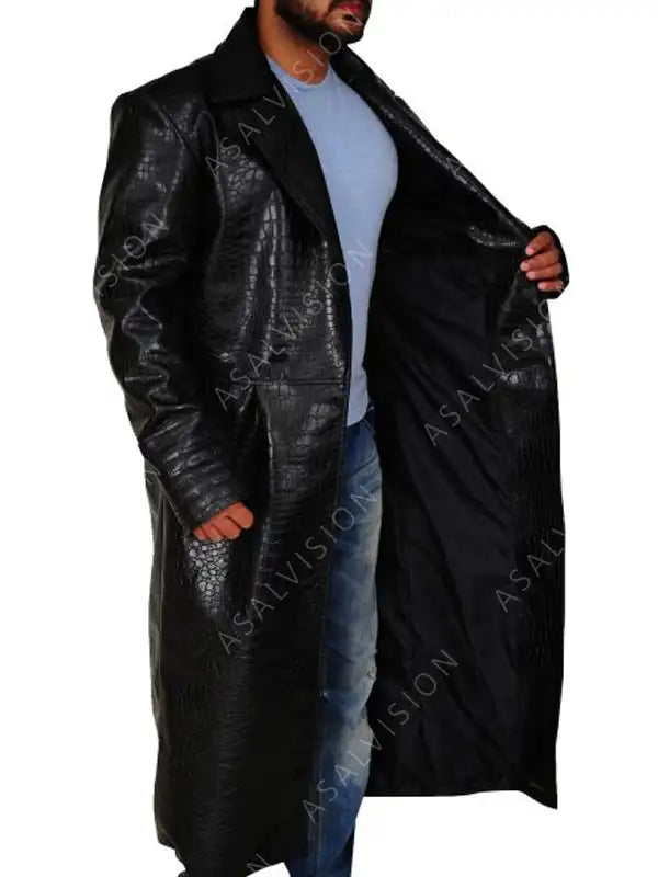Fishburne Black Leather Trench Coat