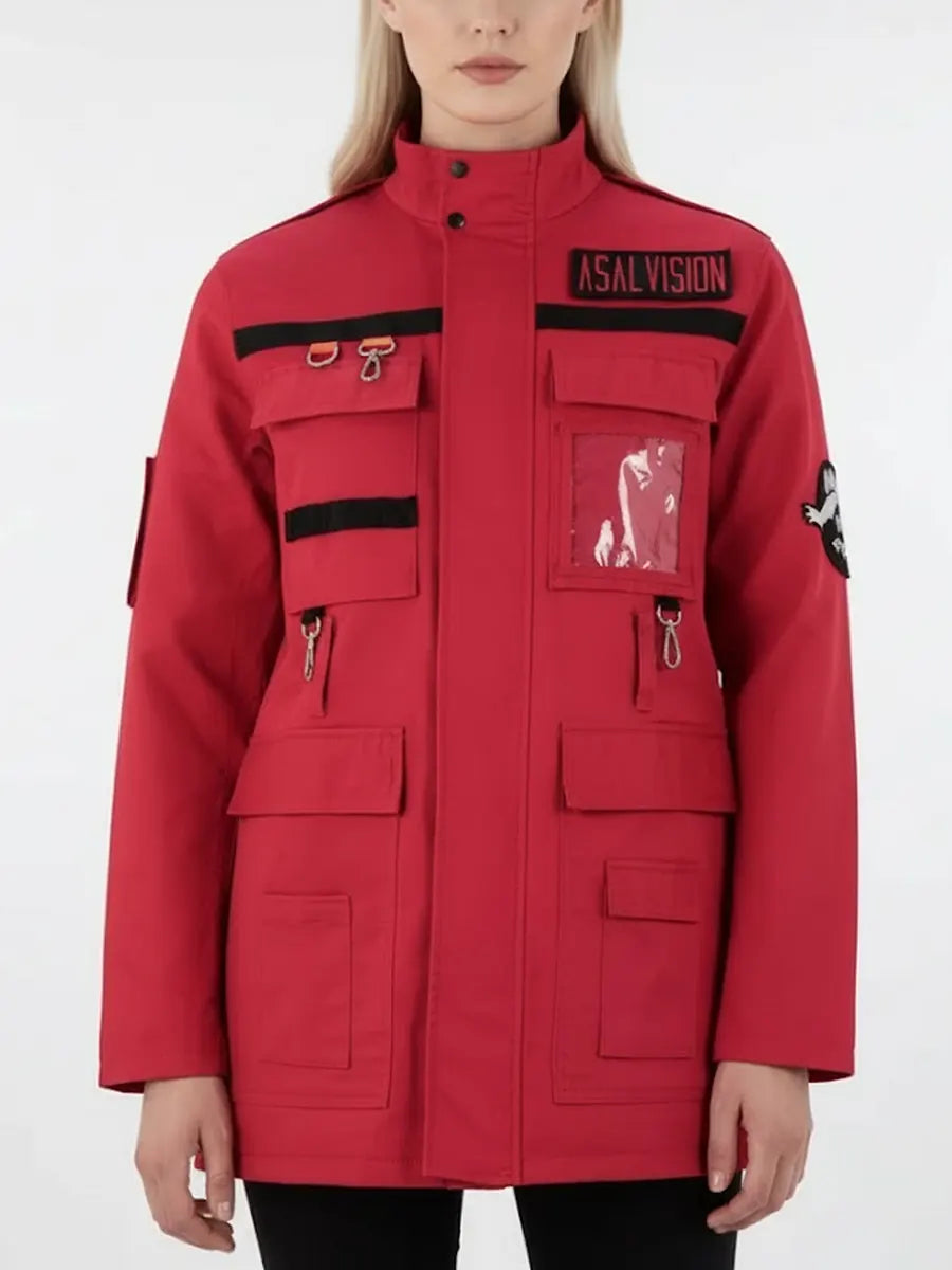 Red jacket with black accents on a white background