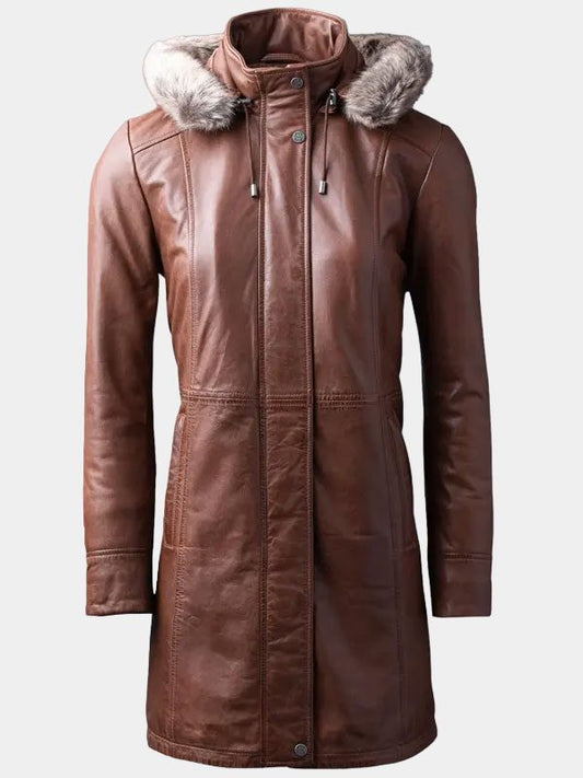 Fur Hooded Leather Coat For Women's