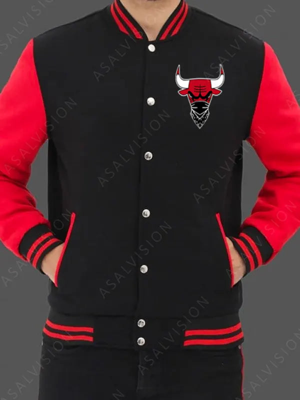 Gangsta Bulls Unisex Black And Red  Bomber Varsity Letterman Jacket