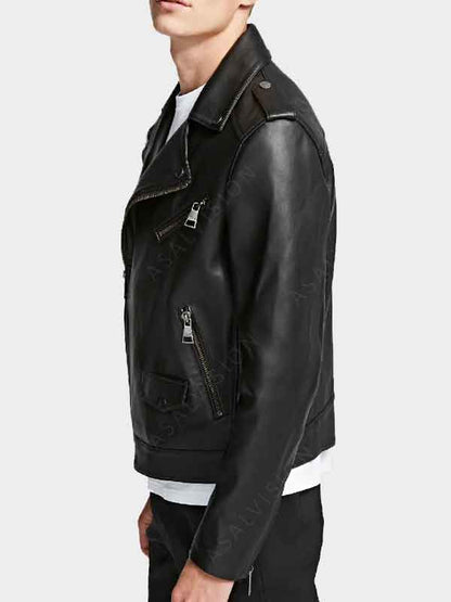 Genuine Black Zip-Up Leather Biker Jacket For Mens