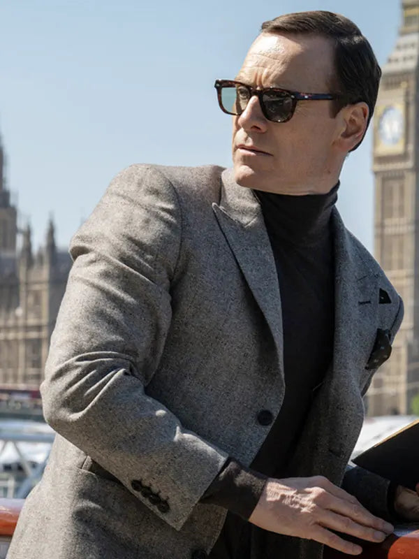 George Woodhouse Black Bag 2025 Michael Fassbender Grey Blazer