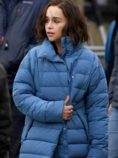 Giah TV Series Secret Invasion 2023 Emilia Clarke Blue Puffer Trench Coat