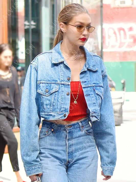 Gigi Hadid Denim Cropped Blue Jacket
