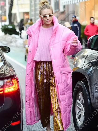 Gigi Hadid Pink Long Puffer Coat