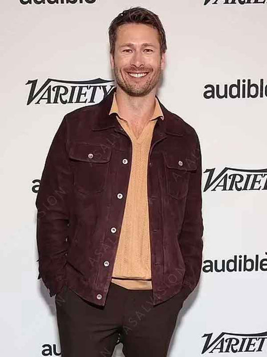 Glen Powell Hit Man 2024 Burgundy Suede Leather Jacket