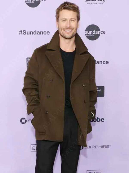 Glen Powell Hit Man 2024 Wool Peacoat